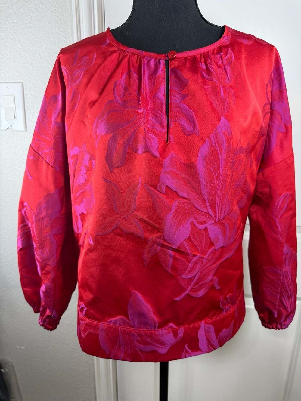 Finley Red and Fuchsia Floral Jacquard Blouson Top